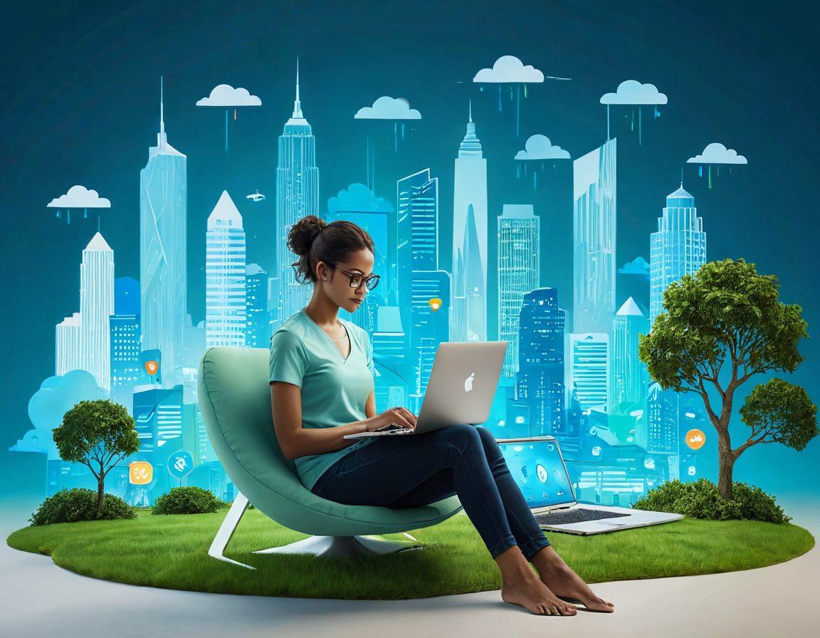 A modern and sleek digital landscape showcasing a person comfortably using a laptop, exploring insurance websites. Include a visual representation of various insurance icons floating around, such as house, car, and health insurance symbols. Incorporate a calm color palette to evoke trust, with soft blues and greens. Add subtle hints of a city skyline in the background to emphasize the digital aspect. super-realistic. vibrant colors.
