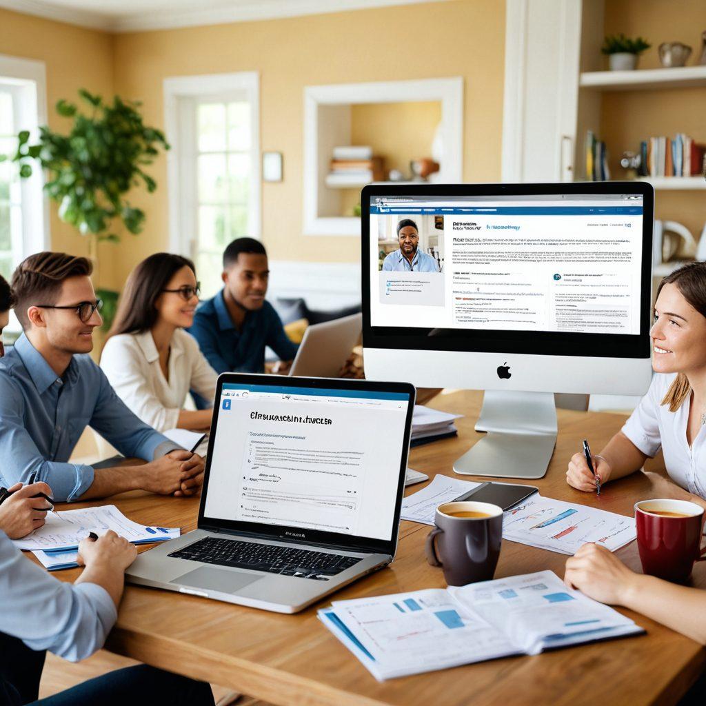 A computer screen displaying a user-friendly online insurance platform, with various attractive insurance policy options. In the foreground, a diverse group of people (young professionals to families) brainstorming over a table filled with documents, calculators, and coffee cups. A welcoming living room setting bathed in natural light, symbolizing warmth and security. super-realistic. vibrant colors. soft focus.